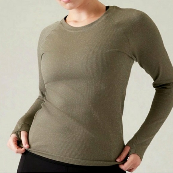 ATHLETA Taupe shimmer MOMENTUM seamless Long Sleeve Top size M - Picture 1 of 16
